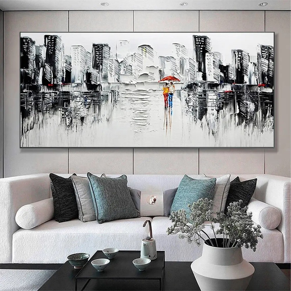 Abstract City Textured Oil Painting on Canvas Romantic Couple Modern Urban