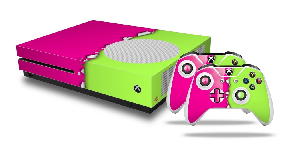 Skin XBOX One S Console Controller Ripped Colors Hot Pink Neon Green