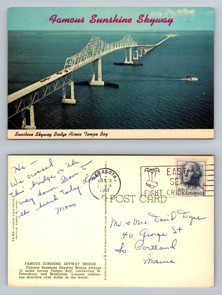 St Petersburg FL-Florida Sunshine Skyway Bridge Tampa Bay Vintage c1967 Postcard
