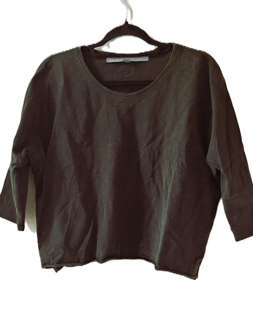 Raquel Allegra Boxy Tee Top Crop Short Sleeve Cotton/Spandex Military Green sz 2