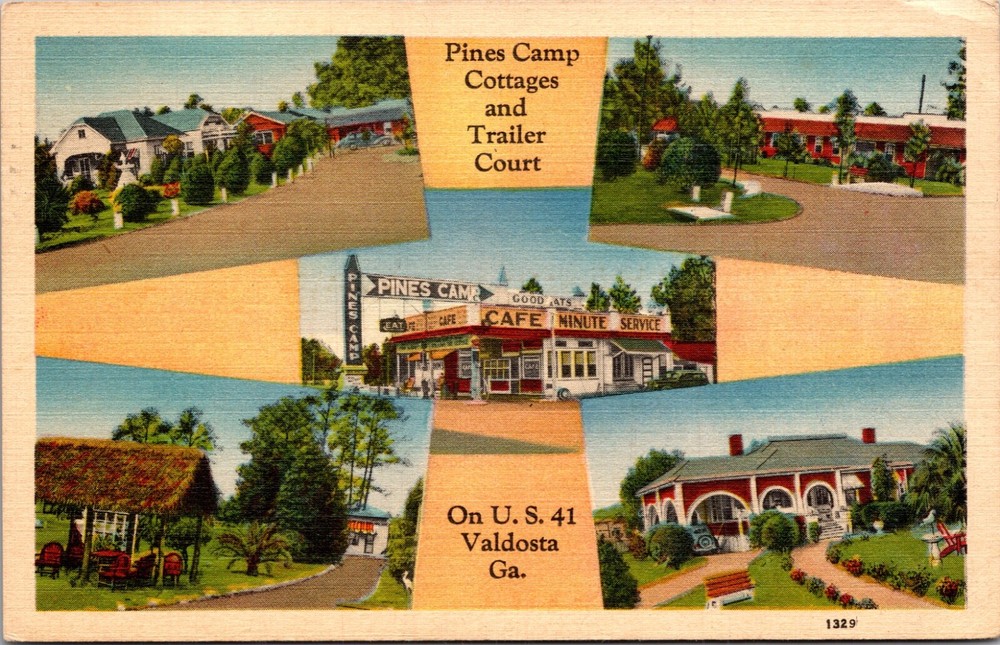 Linen Postcard Pines Camp Cottages and Trailer Court on US 41 Valdosta, Georgia