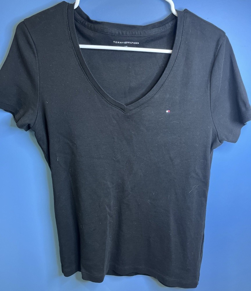 Tommy Hilfiger Women's Top Size L Short Sleeve Black  V Neck
