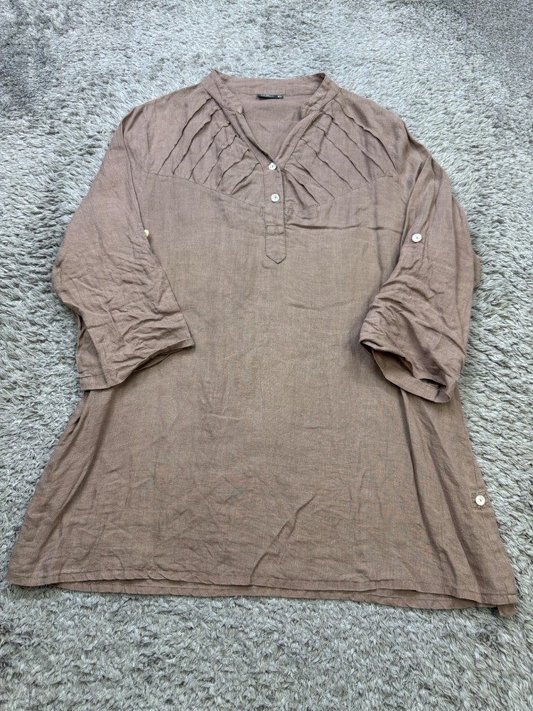 Amelline Top Women XL Brown Linen Pleated Lagenlook Roll Tab Sleeve V Neck Tunic