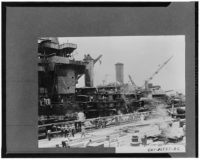 Photo:Battleship Shipyard Dry Dock Repair 1940s Cranes Workers