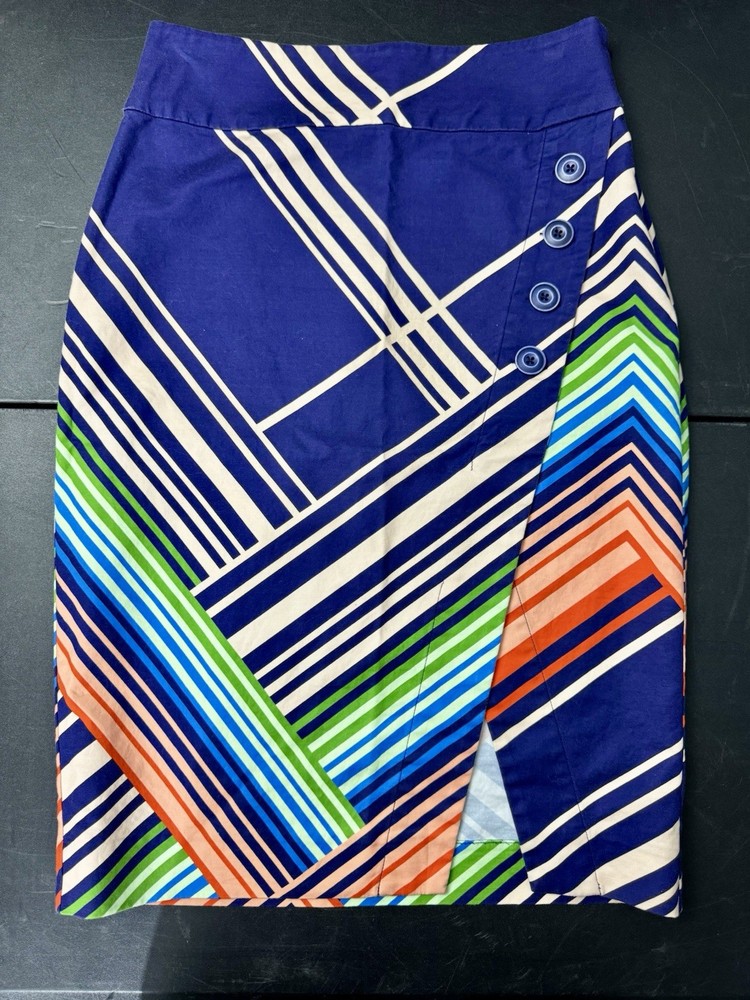 Postmark Anthropologie Striped Pencil Skirt Blue Multi Geometric Size 6