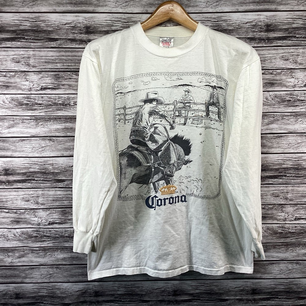 Vintage Corona Shirt Men XL White Beer Cowboy Graphic Tee Long Sleeve ONEITA 90s