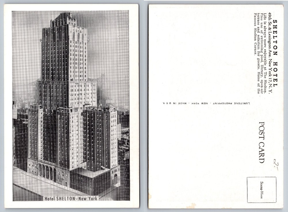 Shelton Hotel New York City NYC Lumitone Photoprint Postcard