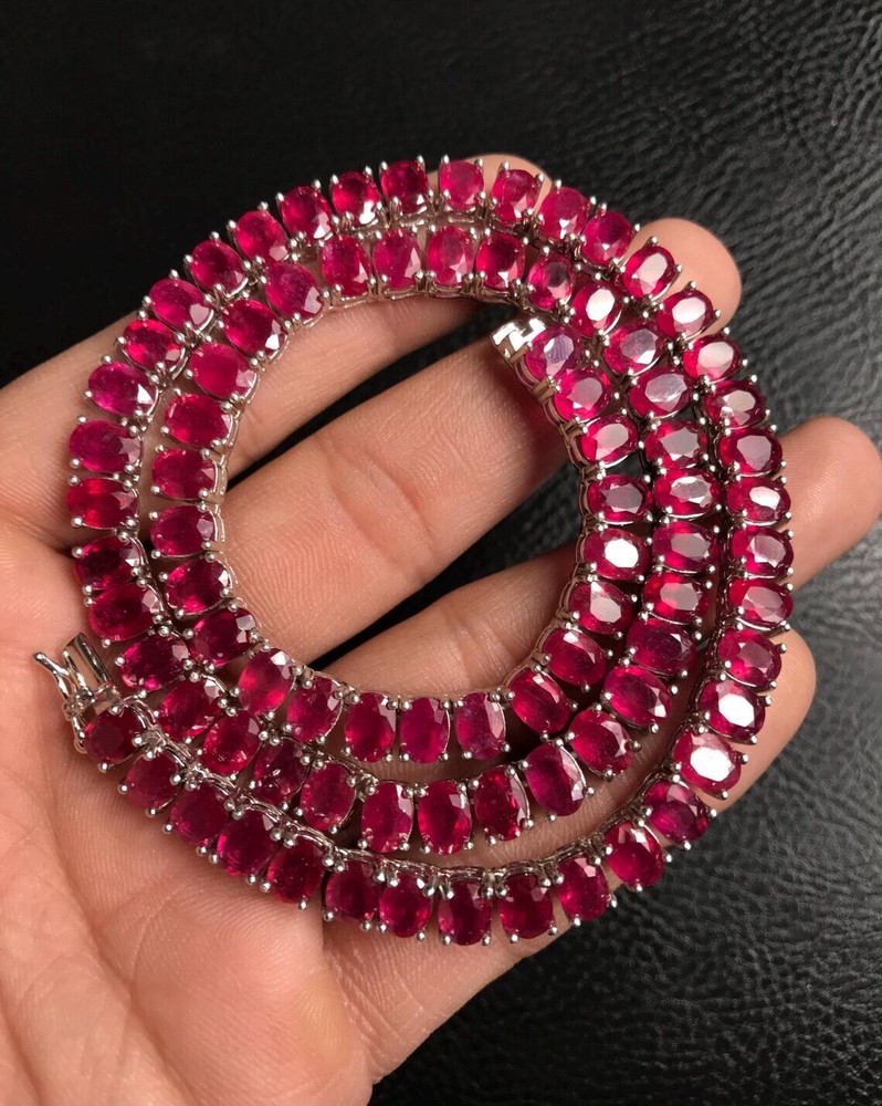 22Ct Oval Lab-Created Pink Sapphire 14K White Gold Tennis Necklace 18 Inches