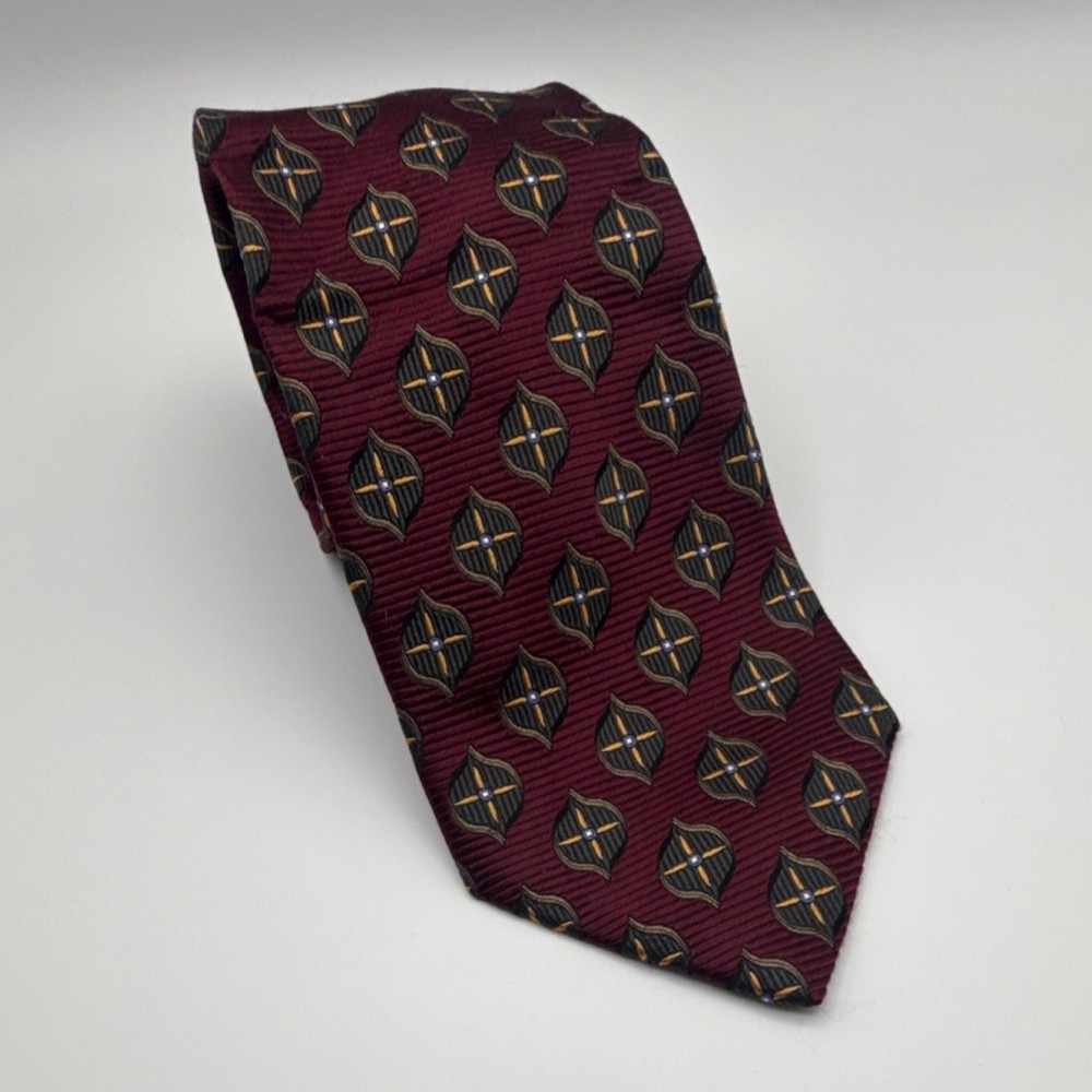 Jos. A. Bank Silk Burgundy Black Gold Geometric Woven Men's Tie Designer T305
