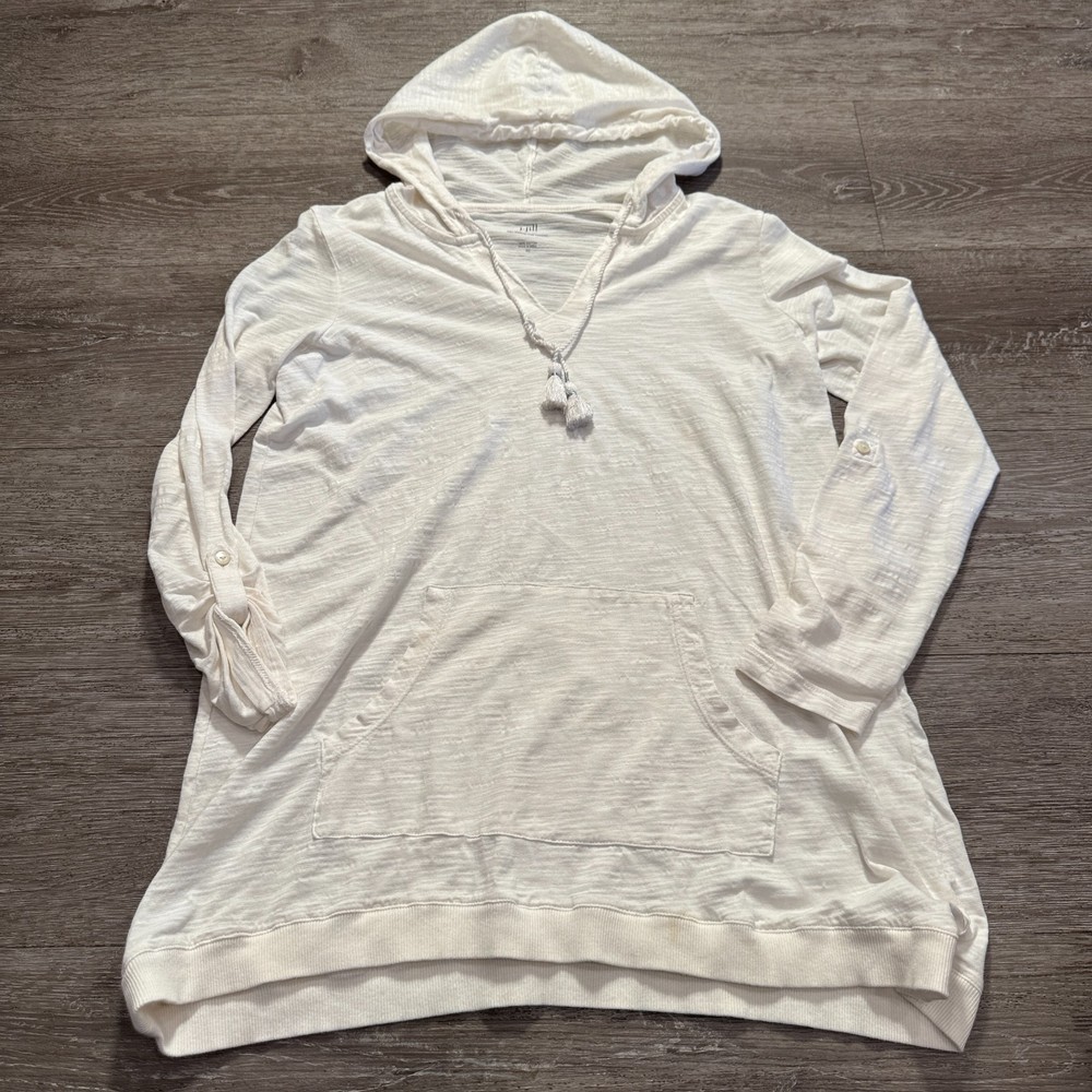 J Jill Hoodie XS White Tab Sleeve Knit Hoodie 100% Cotton Lounge Preppy Adult