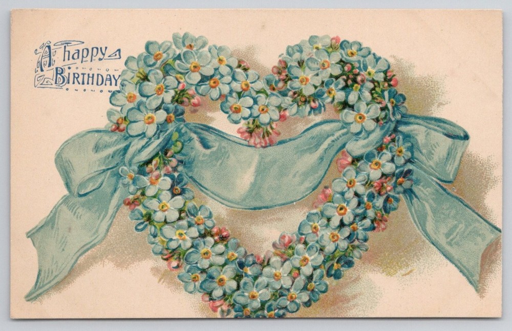 Vintage Embossed Forget Me Not Flowers Heart Birthday Postcard