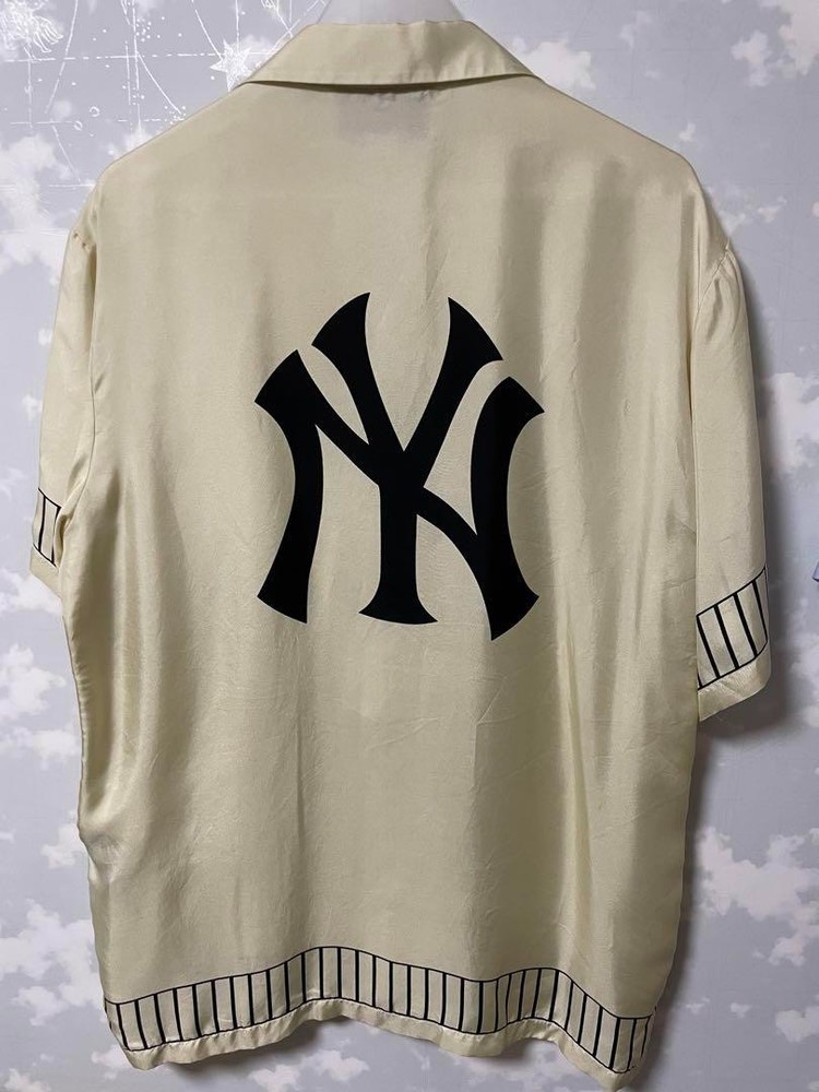 GUCCI Silk shirt Yankees Size 46 Short Sleeve Back Logo Beige Men Top