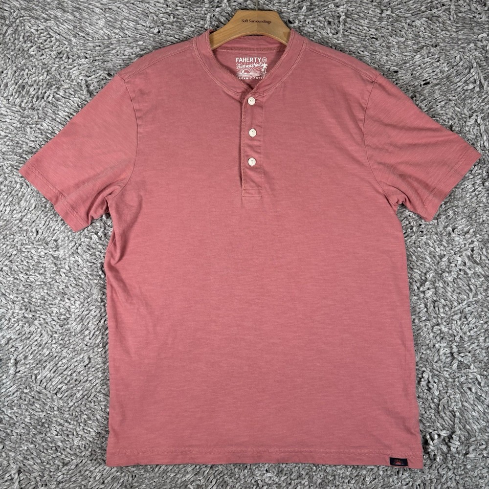Faherty Sunwashed Henley Mens Medium Short Sleeve Red Summer Beach Preppy