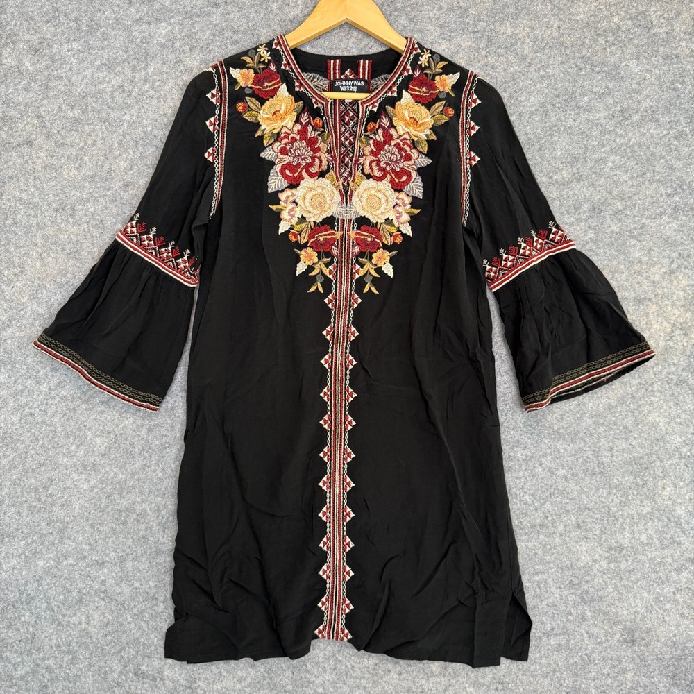 Johnny Was Artemis 100% Silk Tunic Dress Womens Small Floral Embroidered Flared