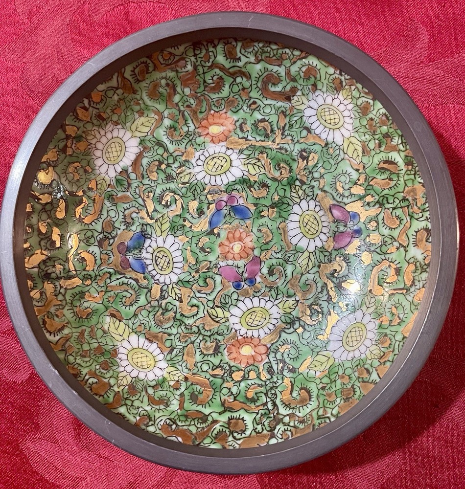 Pewter-Encased “Decorated in Hong Kong”  Floral & Butterfly Motif Porce BowlSix Inches