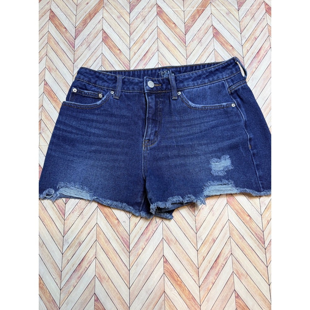 Time and Tru Womens High Rise Distressed Denim Shorts Dark Wash Blue 8 Cutoff
