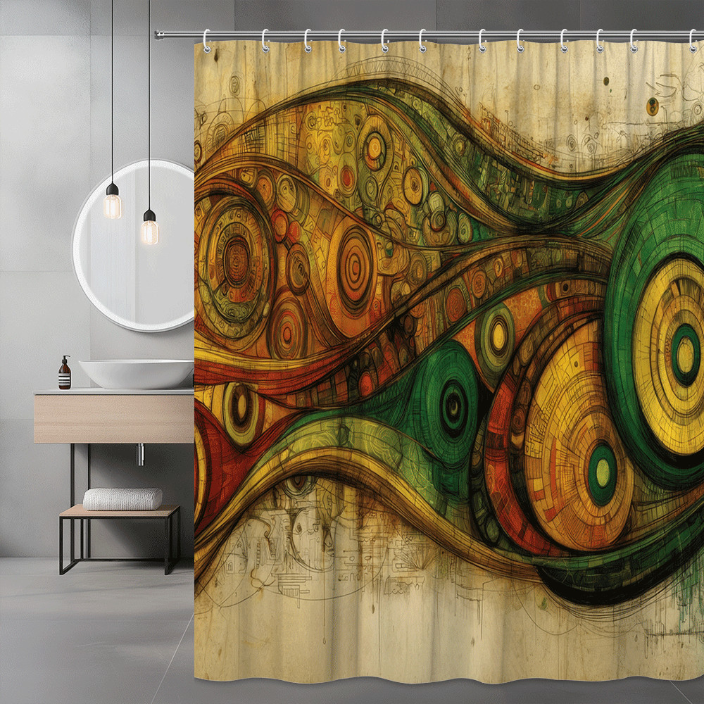 Abstract Wave Art Shower Curtain Green Orange Yellow