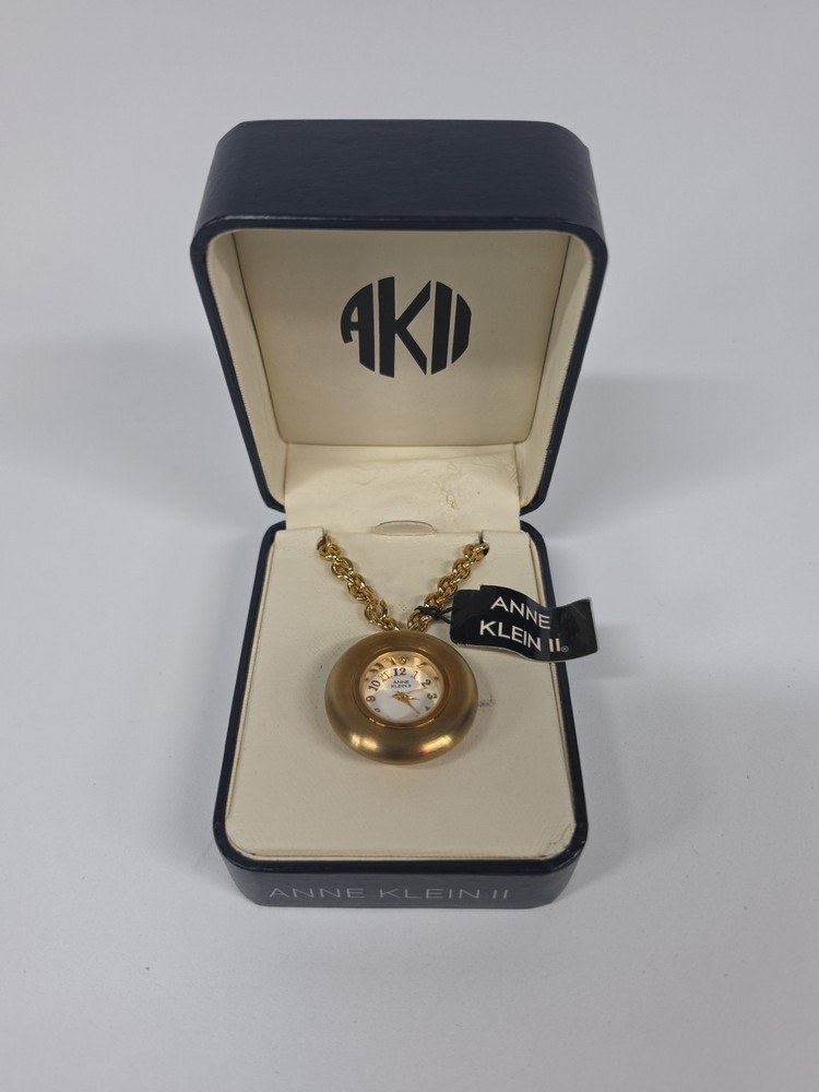 VTG Anne Klein II Gold Tone Pendant Watch w/ Long Chain Necklace
