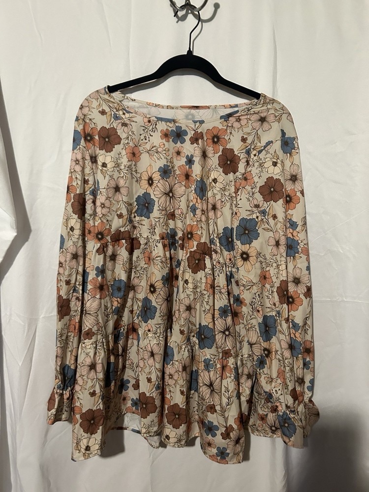 Womens XL Beige Floral Round Neck Long Sleeve Pullover Blouse Blue Brown