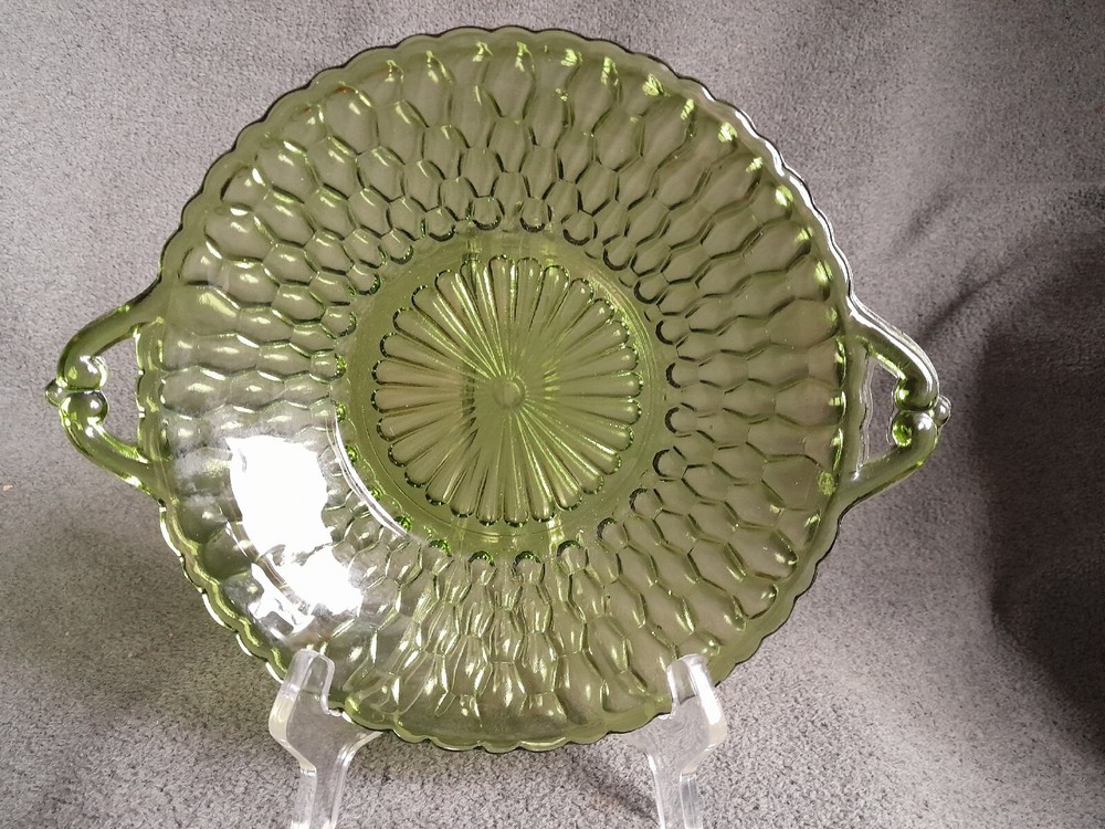 Vintage Indiana Glass Avocado Green Honeycomb 2 Handled Relish Dish Bowl Tray