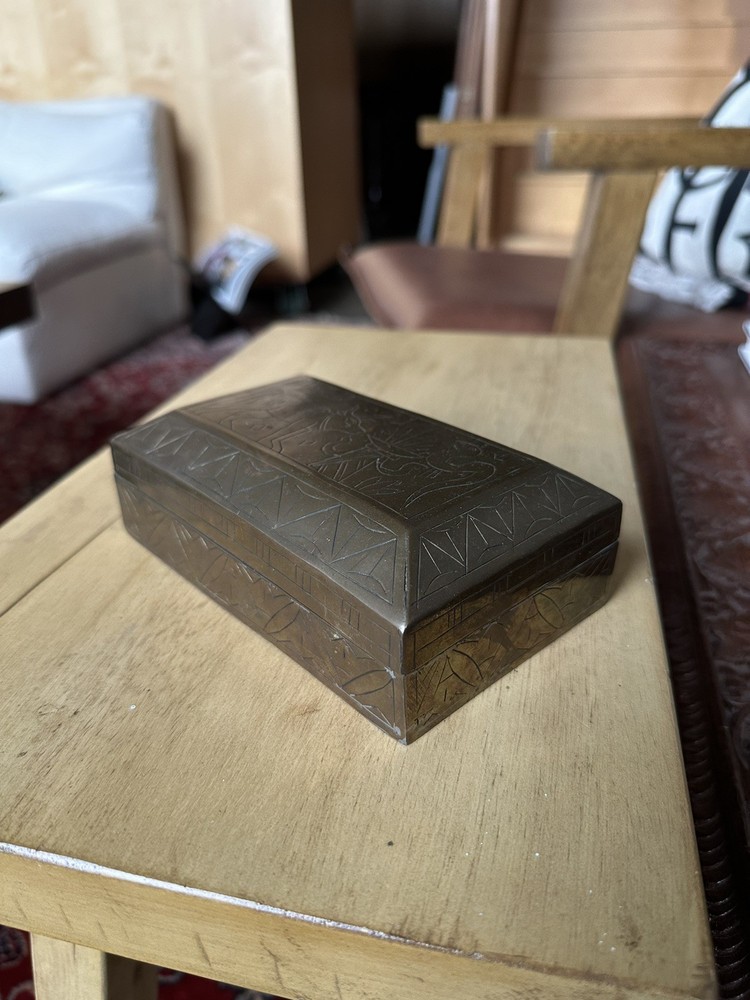 Vintage Egyptian Etched Brass And Wood Trinket Hinged Box  4” x 6”