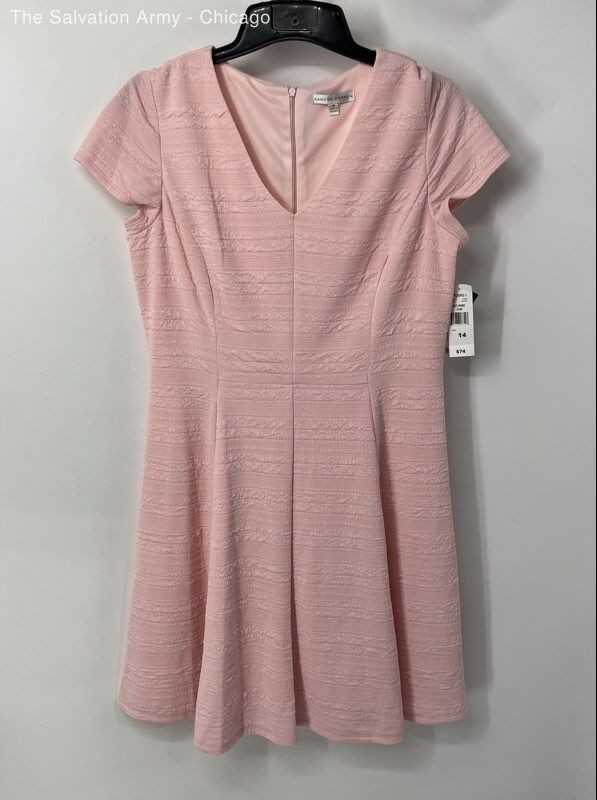 Sandra Darren Womens Pink V-Neck Short Sleeve Back Zip Fit & Flare Dress Size 14