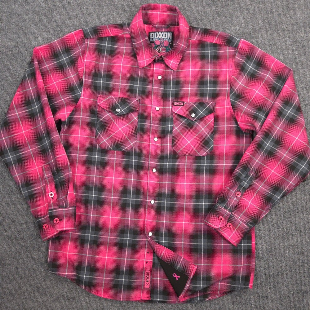 DIXXON The Fighter Flannel Shirt Mens M Pink Plaid D-Tech Pink Ribbon Pearl Snap