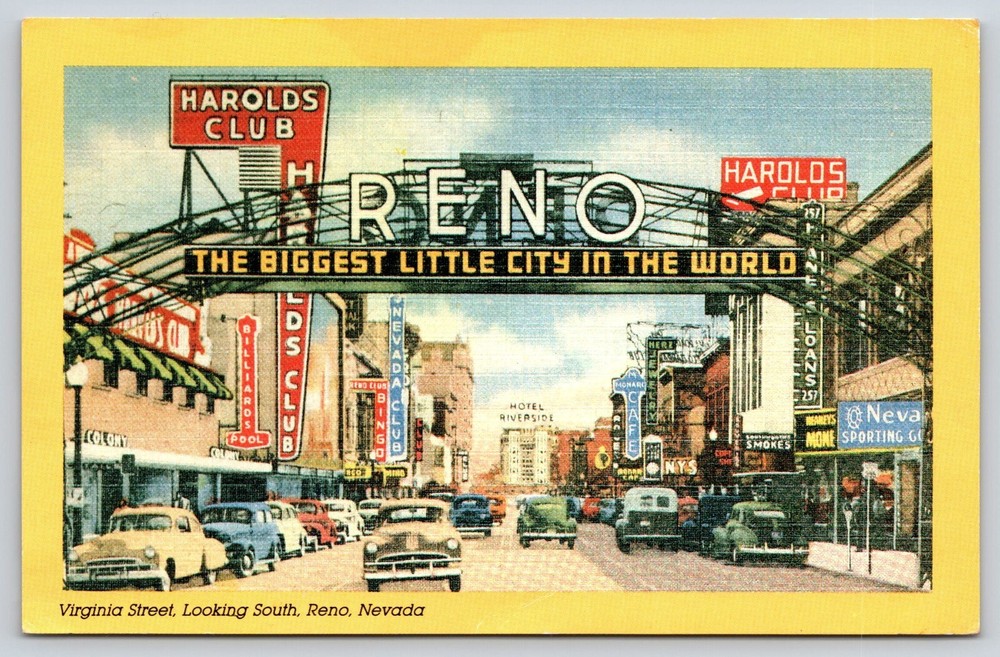 Reno Nevada The Biggest Little City Sign Virginia Street Cars Vintage Postcard