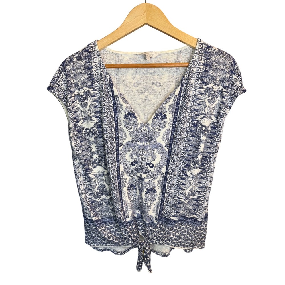 Lucky Brand Womens Blue White Paisley Tie Front V-Neck Top Large Boho
