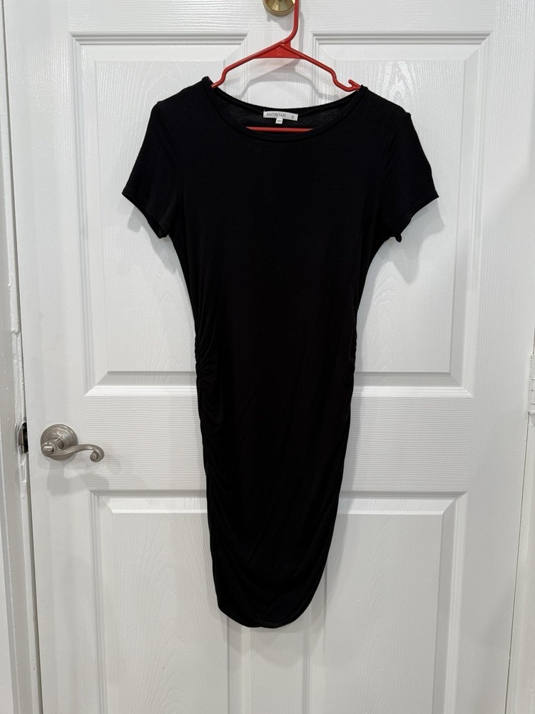 ANTISTAR Black Short Sleeve Ruched Bodycon Midi Dress Round Neck Size S