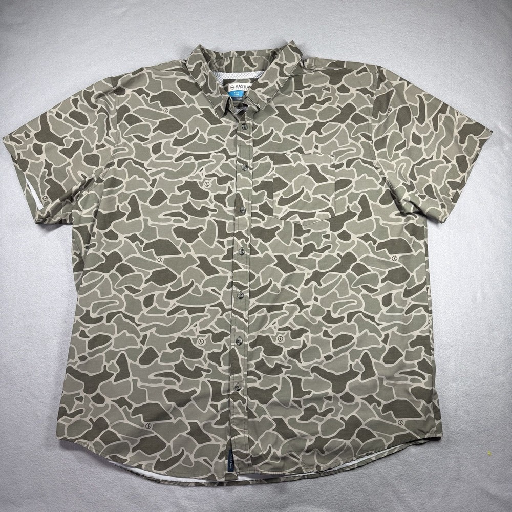 Magellan Outdoors Shirt Mens 2XL Green Fish Camo Short Sleeve Wicking Hiking