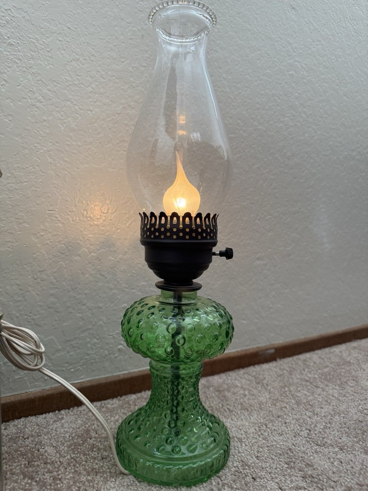 Antique Green Hobnail Glass Electric “Oil” Lamp - Works