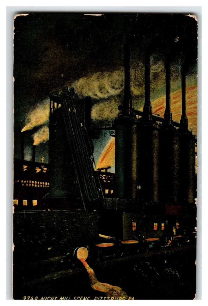 Vintage Pittsburgh PA Night Mill Scene Industrial Postcard c1910s Steel City
