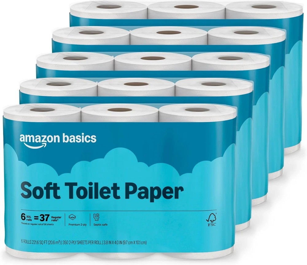 2-Ply Soft Toilet Paper, 30 Rolls (5 Packs of 6), Equivalent to 185 Regular Roll