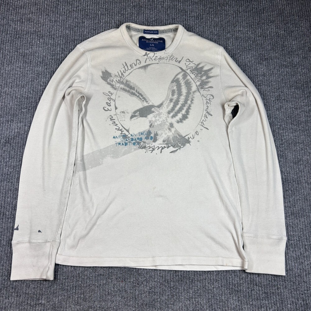 American Eagle Outfitters Thermal Shirt Mens L Beige Vintage Fit Graphic Print