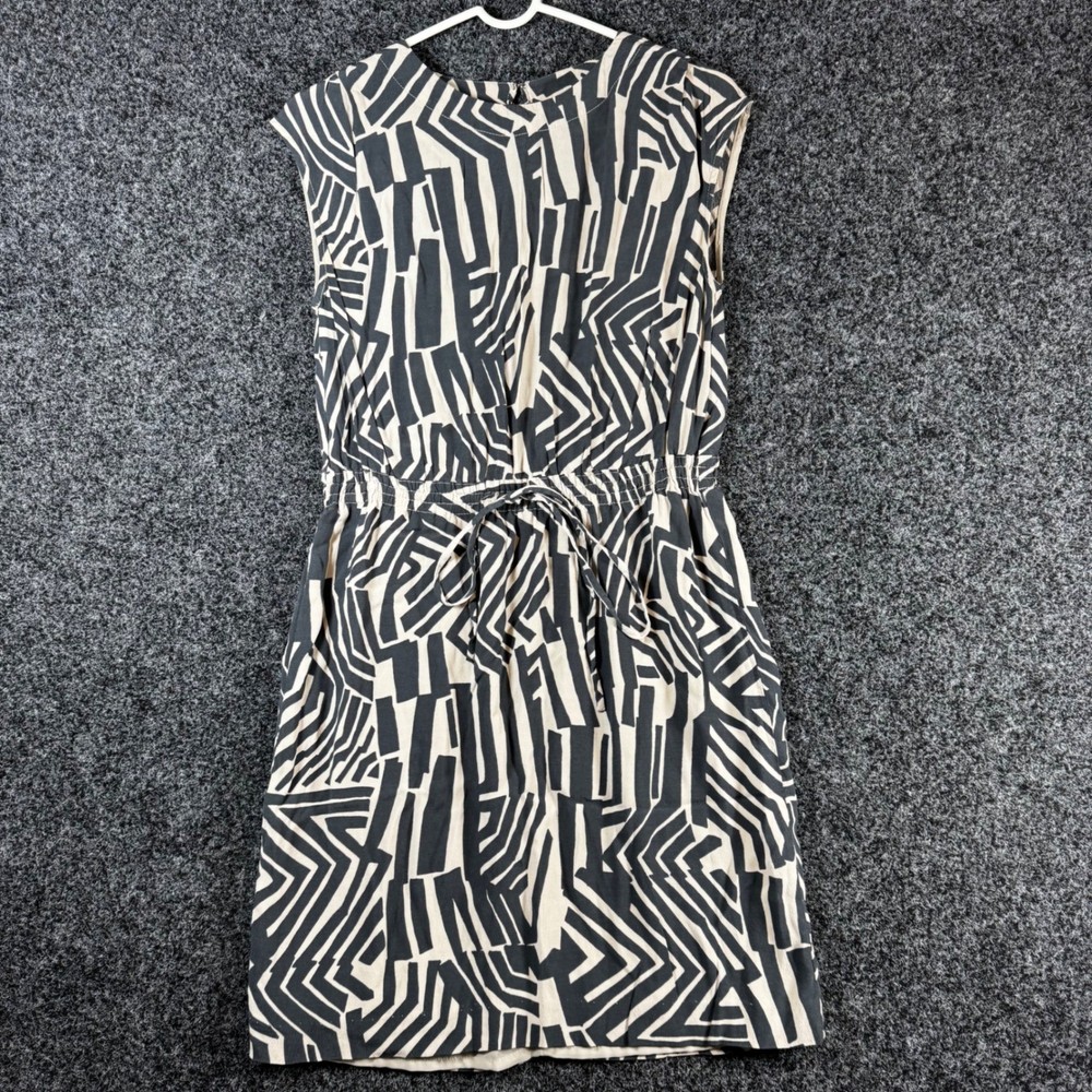 Ann Taylor LOFT Black Cream Geometric Abstract Sleeveless Drawstring Dress Small