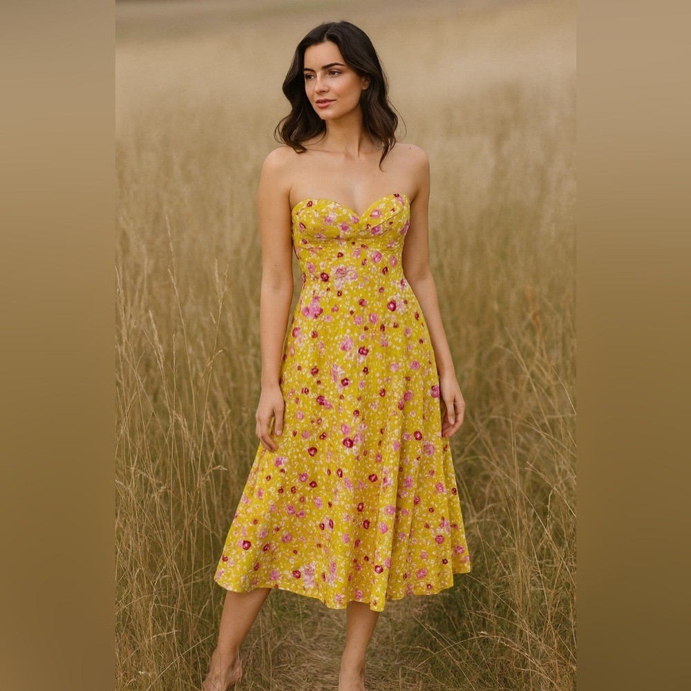 Lulus Ava Mustard Yellow Floral Strapless Midi Dress – XS