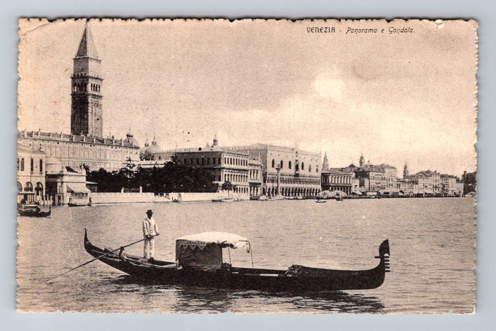 Italy- Venice Panorama Seacoast View Gondola Postal Old Vintage c1909 Postcard