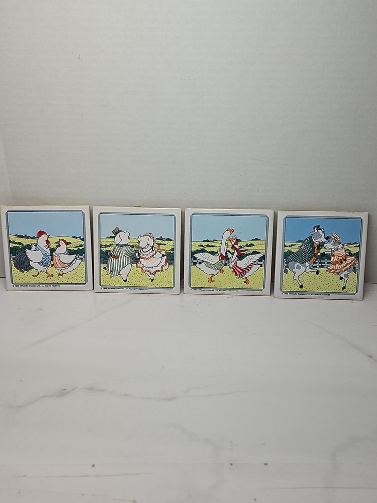 Vintage Set of 4 Artmark Ceramic Tile Trivets w/ Dancing Chickens Geese Cows Pig