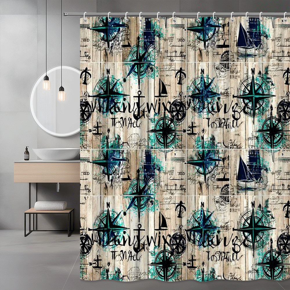 Nautical Compass Shower Curtain Map Style Graphic Print