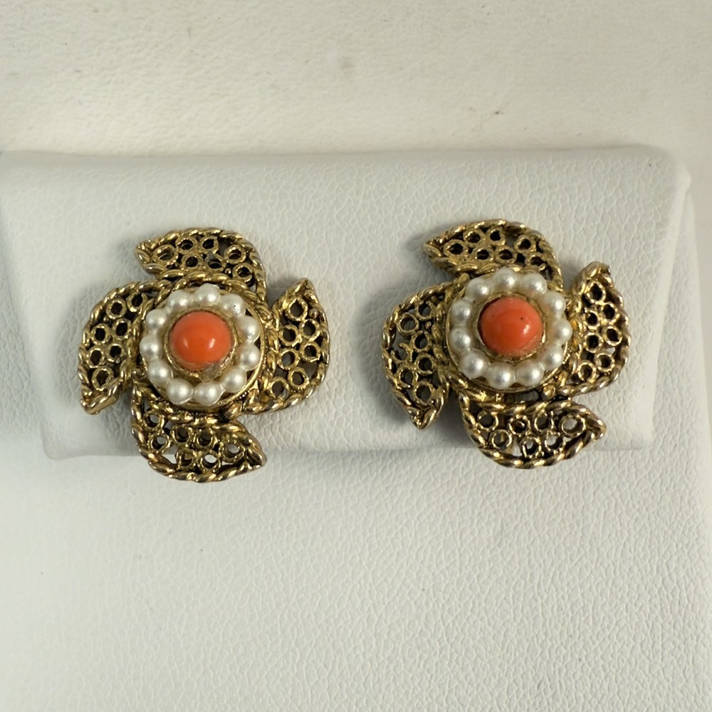 Dainty Vintage Faux Coral & Faux Seed Pearl Gold Tone Filigree Clip on Earrings