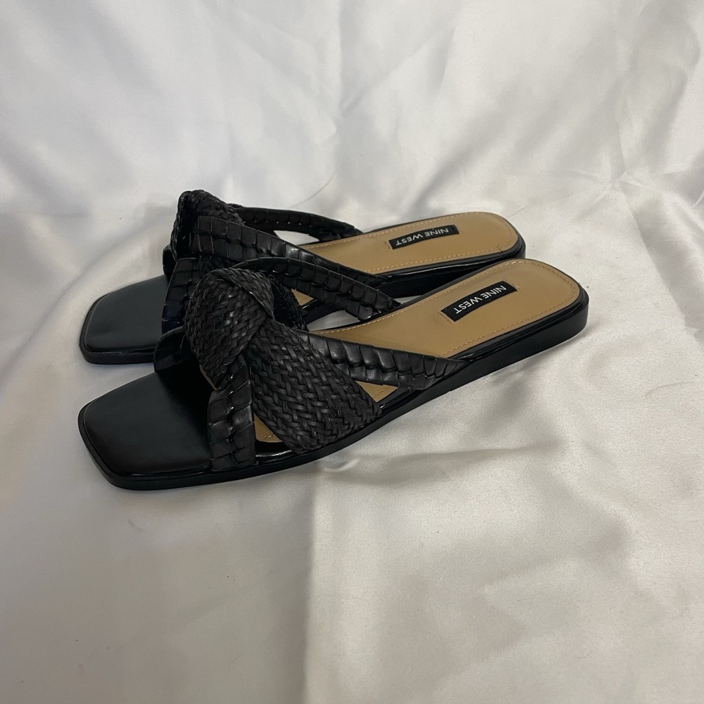 Nine West WN Olson 3 Womens Faux Leather Woven Slide Sandals Size 8 Black