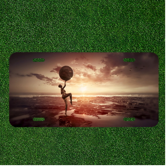 Custom Personalized Auto Tag With Person Holding Globe By Amazing Sunset