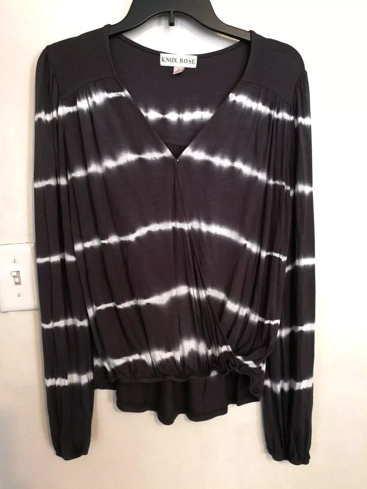 Knox Rose Womens Blouse S Shirt Gray White Striped Pullover Top Long Sleeve Boho