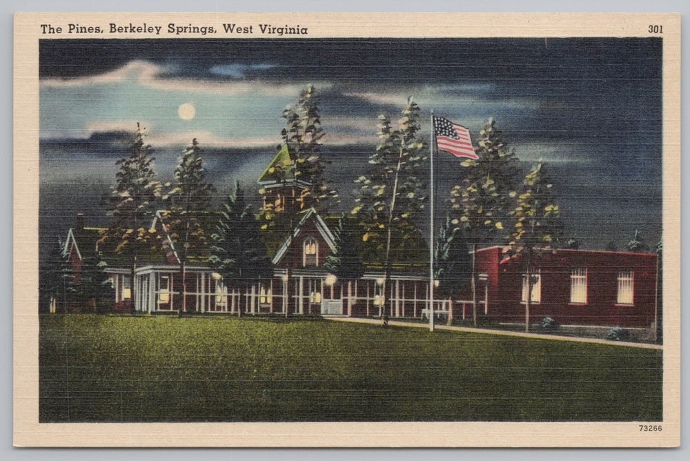 Hotel & Resort~The Pines @ Night Berkeley Springs West Virginia~Vintage Postcard