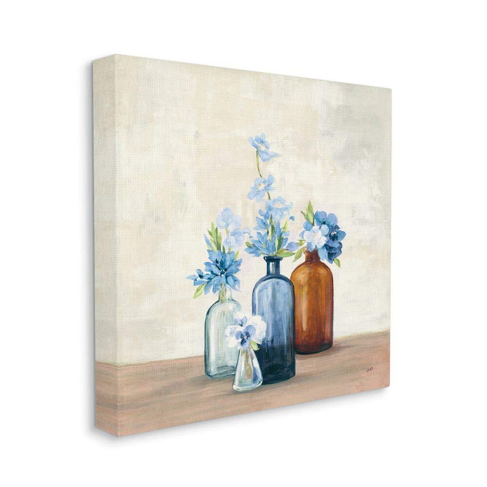 Blue House Flowers in Jars Country Painting Canvas Wall Art, 17 x 17, Multi-C...