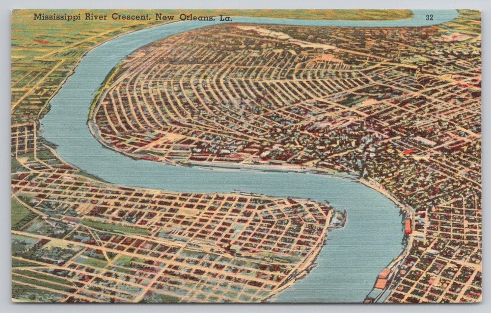 New Orleans Mississippi River Crescent Aerial View Linen Postcard Tichnor