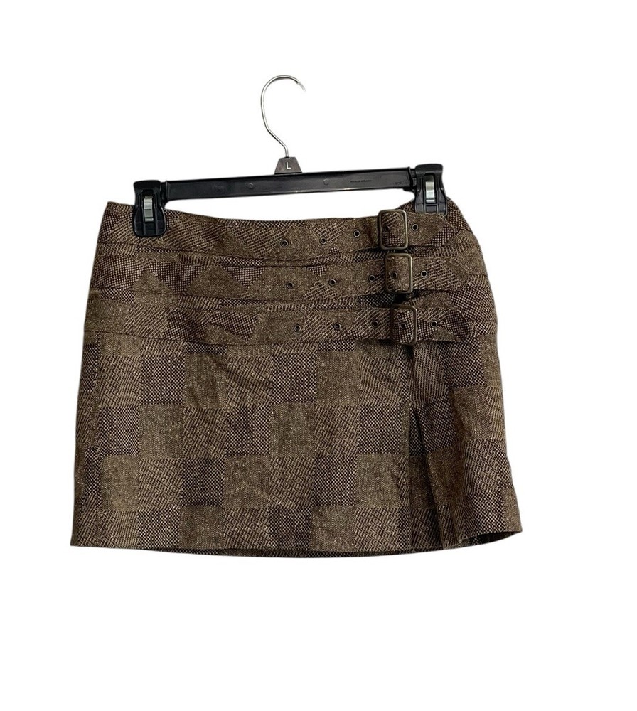 Y2K Vtg Express Micro Mini Skirt Sz XS Wool Silk Buckles Tweed Preppy