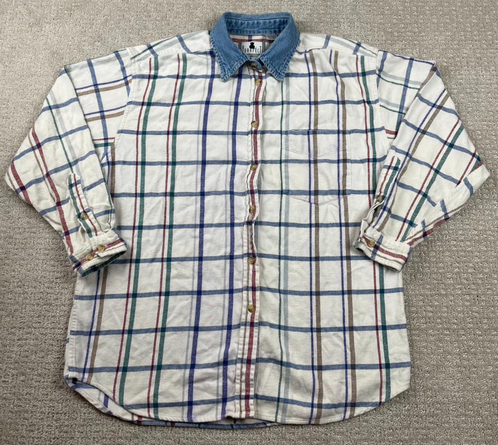 Vintage Krazy Kat Purrfect Shirt Womens Large White Check Denim Collar Button Up