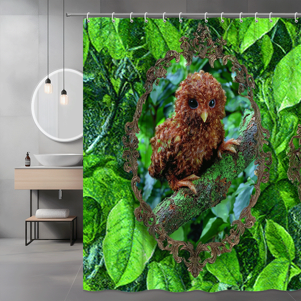 Owl Shower Curtain Green Leaf Print Graphic Design